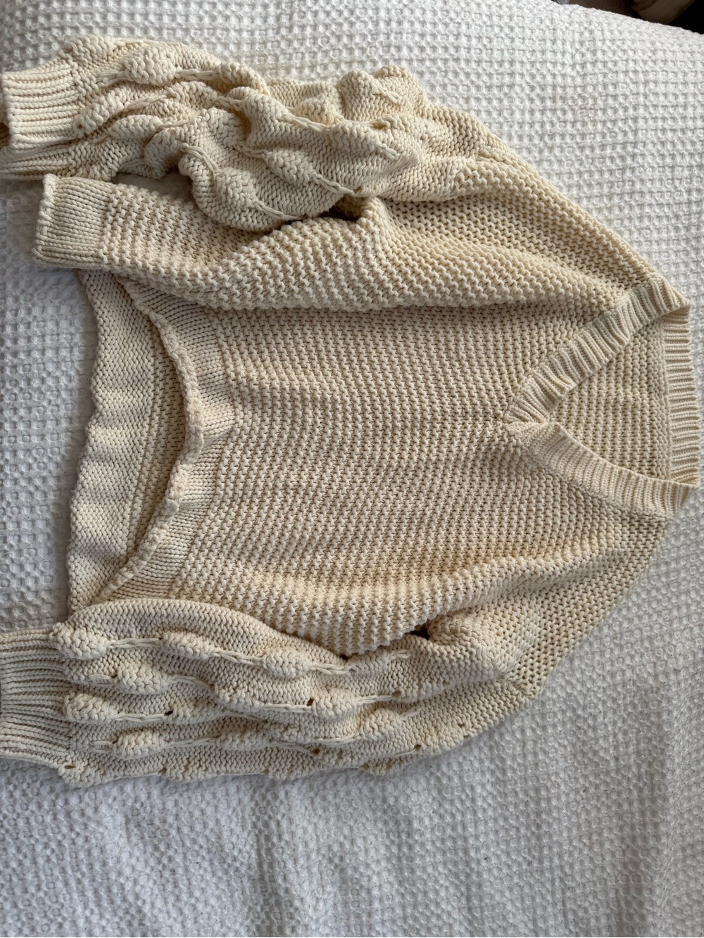 Cozy Cream Cable-Sleeve V-Neck Sweater